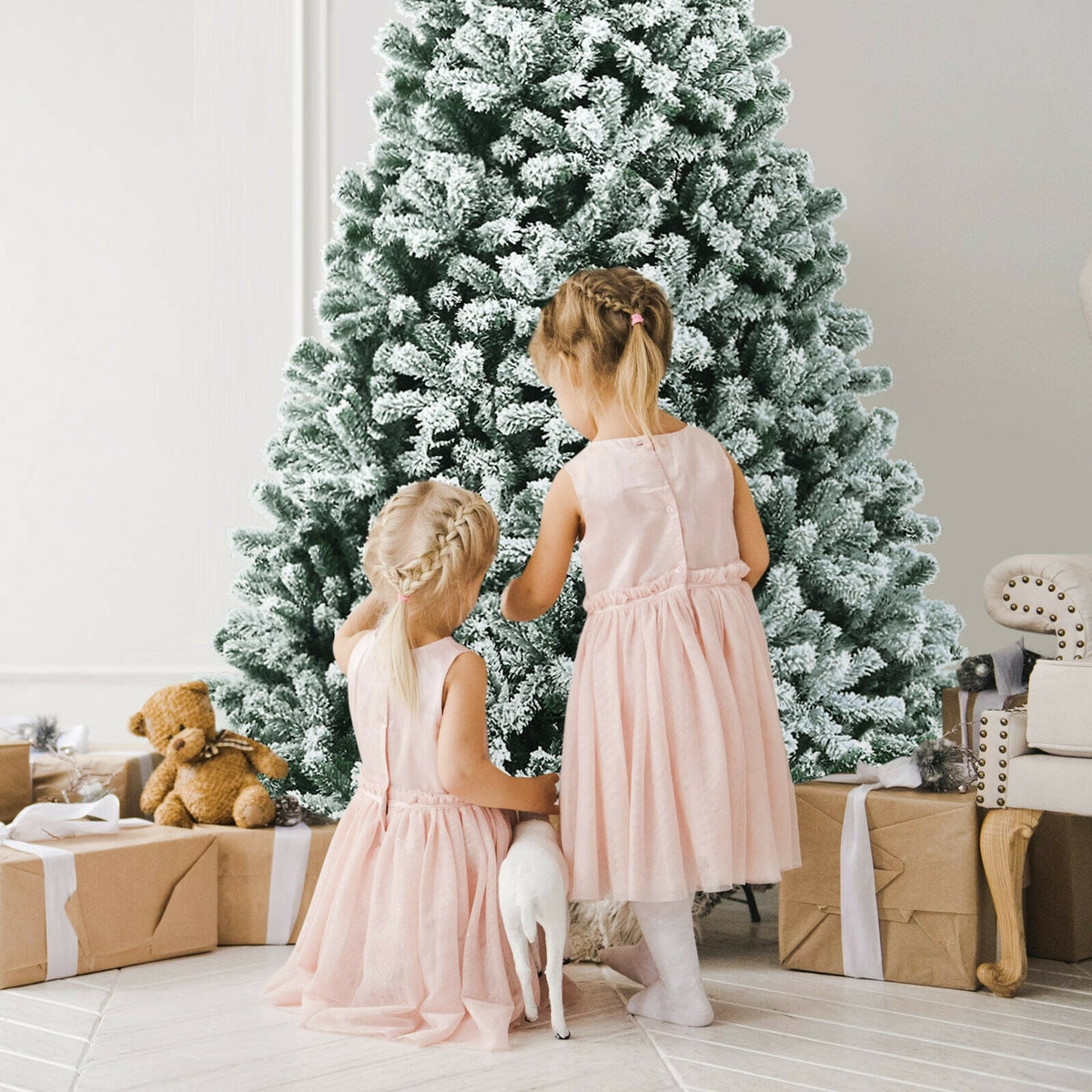 8 Feet Pre-lit Snow Flocked Christmas Tree with Tips and Metal Stand-8 ft-Christmas Trees-DECOROLALA