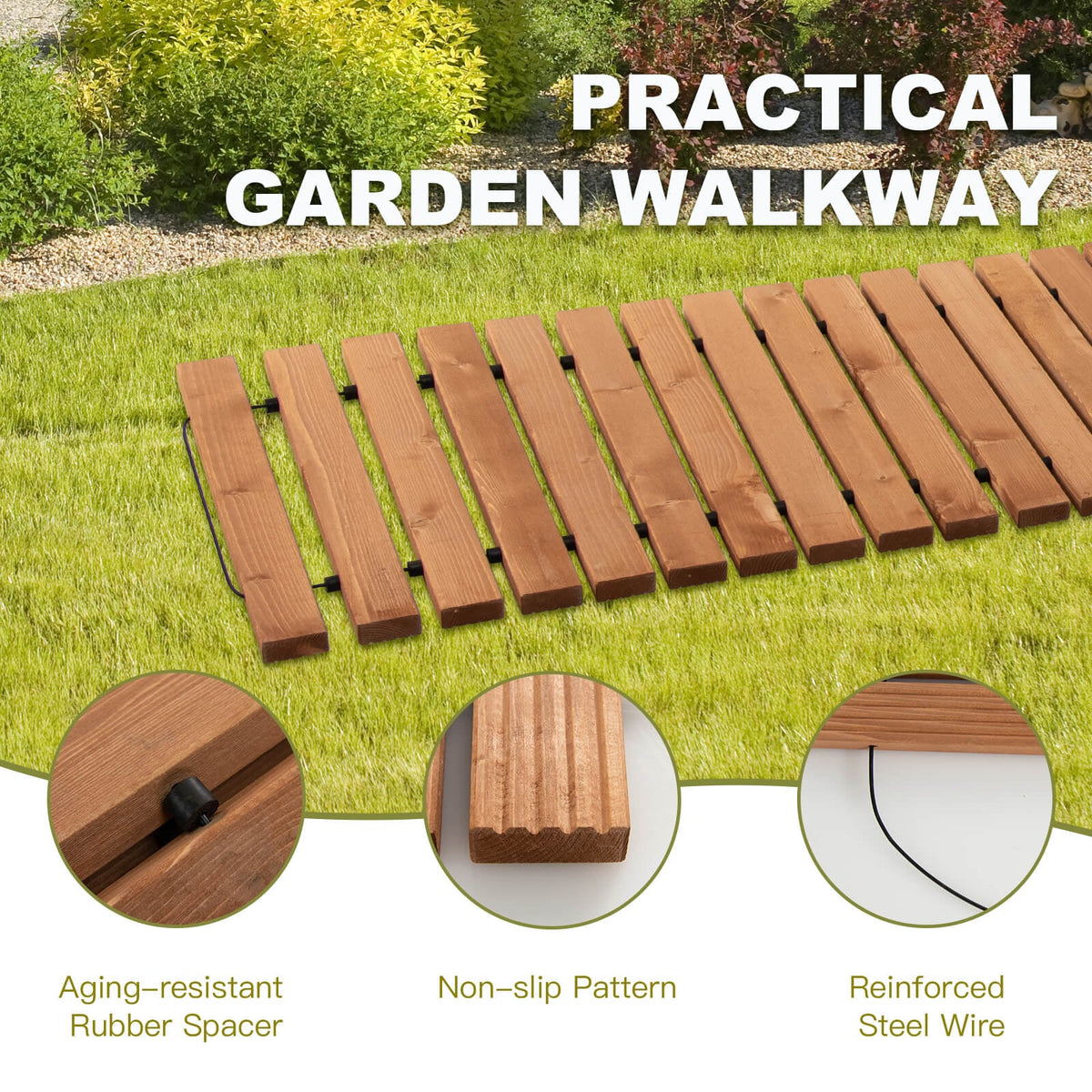 8 Feet Roll-out Weather-Resistant Patio Hardwood Pathway-22 Inch-Garden Pathways-DECOROLALA