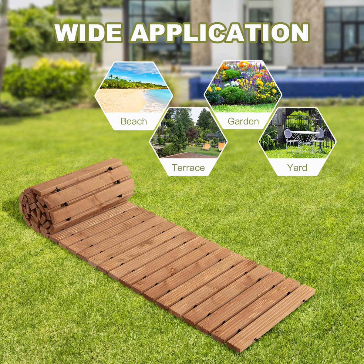 8 Feet Roll-out Weather-Resistant Patio Hardwood Pathway-22 Inch-Garden Pathways-DECOROLALA