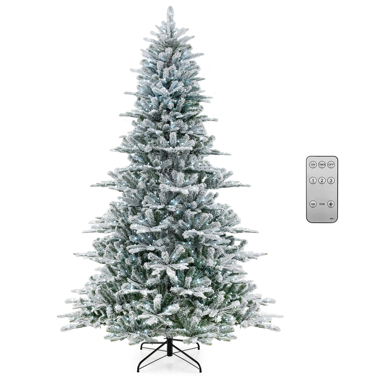 8 Feet Snow Flocked Artificial Christmas Tree with Cool White LED Lights-Christmas Trees-DECOROLALA
