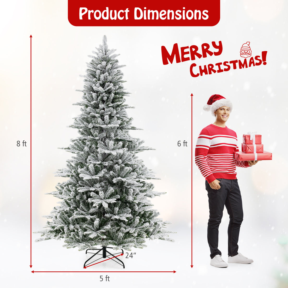8 Feet Snow Flocked Artificial Christmas Tree with Cool White LED Lights-Christmas Trees-DECOROLALA