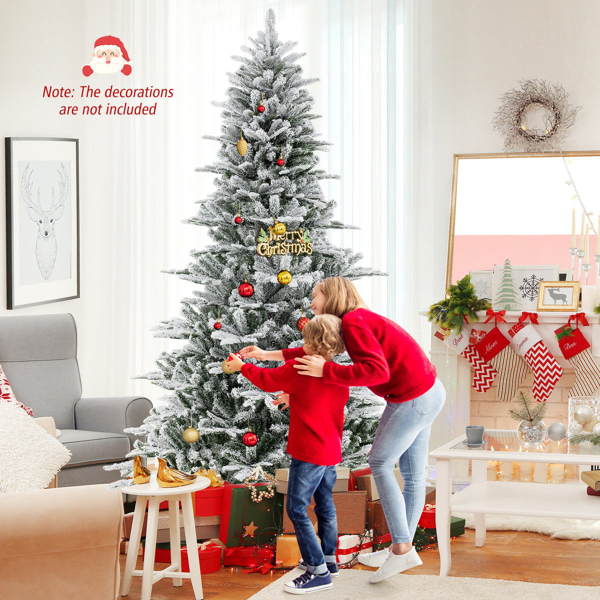 8 Feet Snow Flocked Artificial Christmas Tree with Cool White LED Lights-Christmas Trees-DECOROLALA