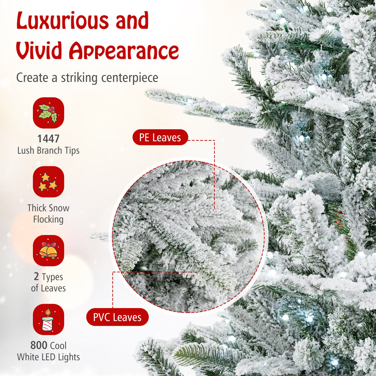8 Feet Snow Flocked Artificial Christmas Tree with Cool White LED Lights-Christmas Trees-DECOROLALA