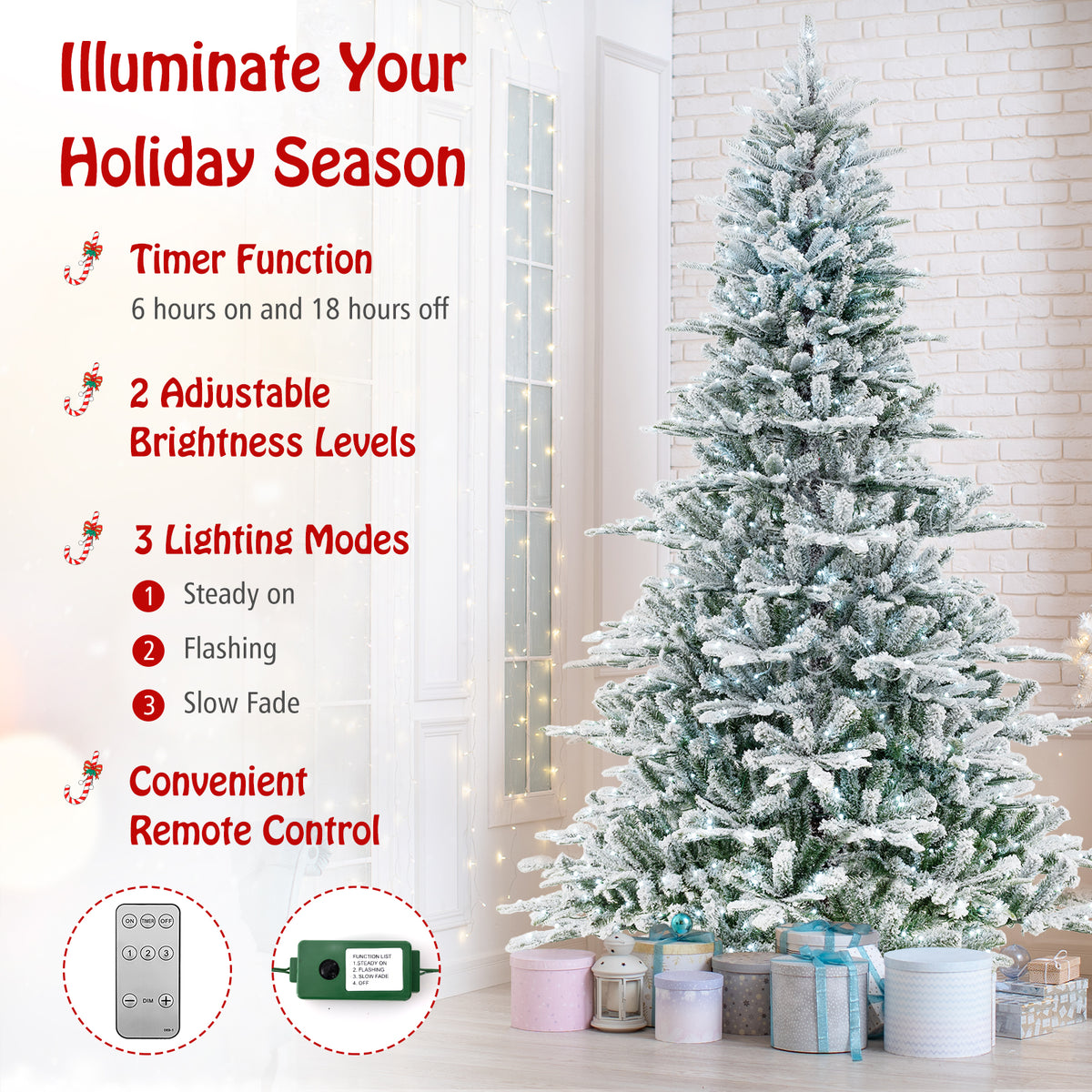 8 Feet Snow Flocked Artificial Christmas Tree with Cool White LED Lights-Christmas Trees-DECOROLALA