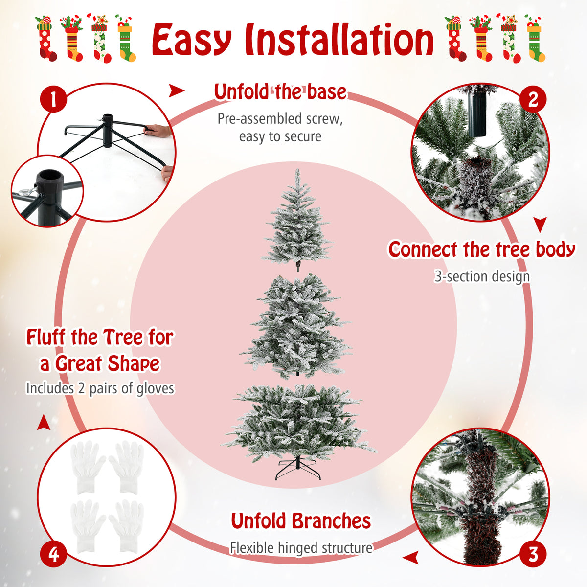 8 Feet Snow Flocked Artificial Christmas Tree with Cool White LED Lights-Christmas Trees-DECOROLALA
