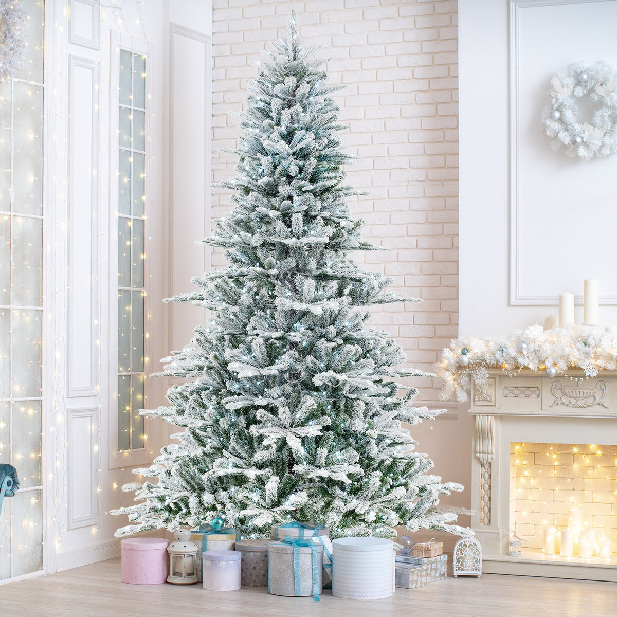 8 Feet Snow Flocked Artificial Christmas Tree with Cool White LED Lights-Christmas Trees-DECOROLALA