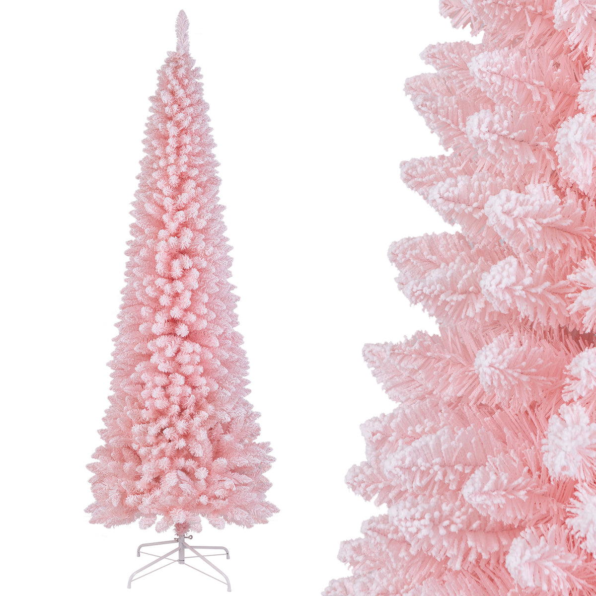 8 Feet Snow Flocked Artificial Pink Xmas Tree with 1000 Branch Tips-8 ft-Christmas Trees-DECOROLALA