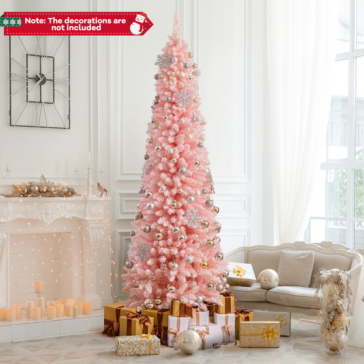 8 Feet Snow Flocked Artificial Pink Xmas Tree with 1000 Branch Tips-8 ft-Christmas Trees-DECOROLALA