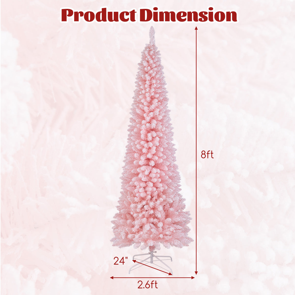 8 Feet Snow Flocked Artificial Pink Xmas Tree with 1000 Branch Tips-8 ft-Christmas Trees-DECOROLALA