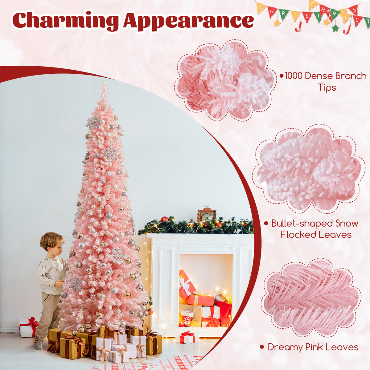 8 Feet Snow Flocked Artificial Pink Xmas Tree with 1000 Branch Tips-8 ft-Christmas Trees-DECOROLALA