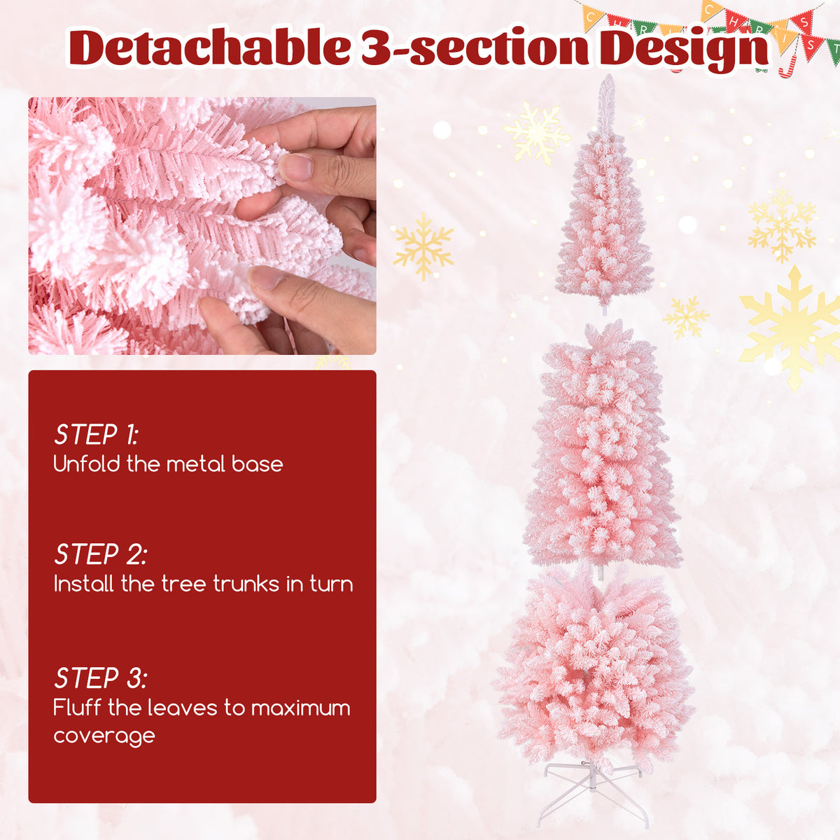 8 Feet Snow Flocked Artificial Pink Xmas Tree with 1000 Branch Tips-8 ft-Christmas Trees-DECOROLALA