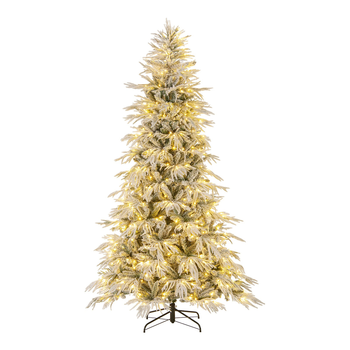 8 Feet Snow-flocked Artificial Christmas Tree Pre-lit Hinged Xmas Tree with Warm White LED Lights-Christmas Trees-DECOROLALA