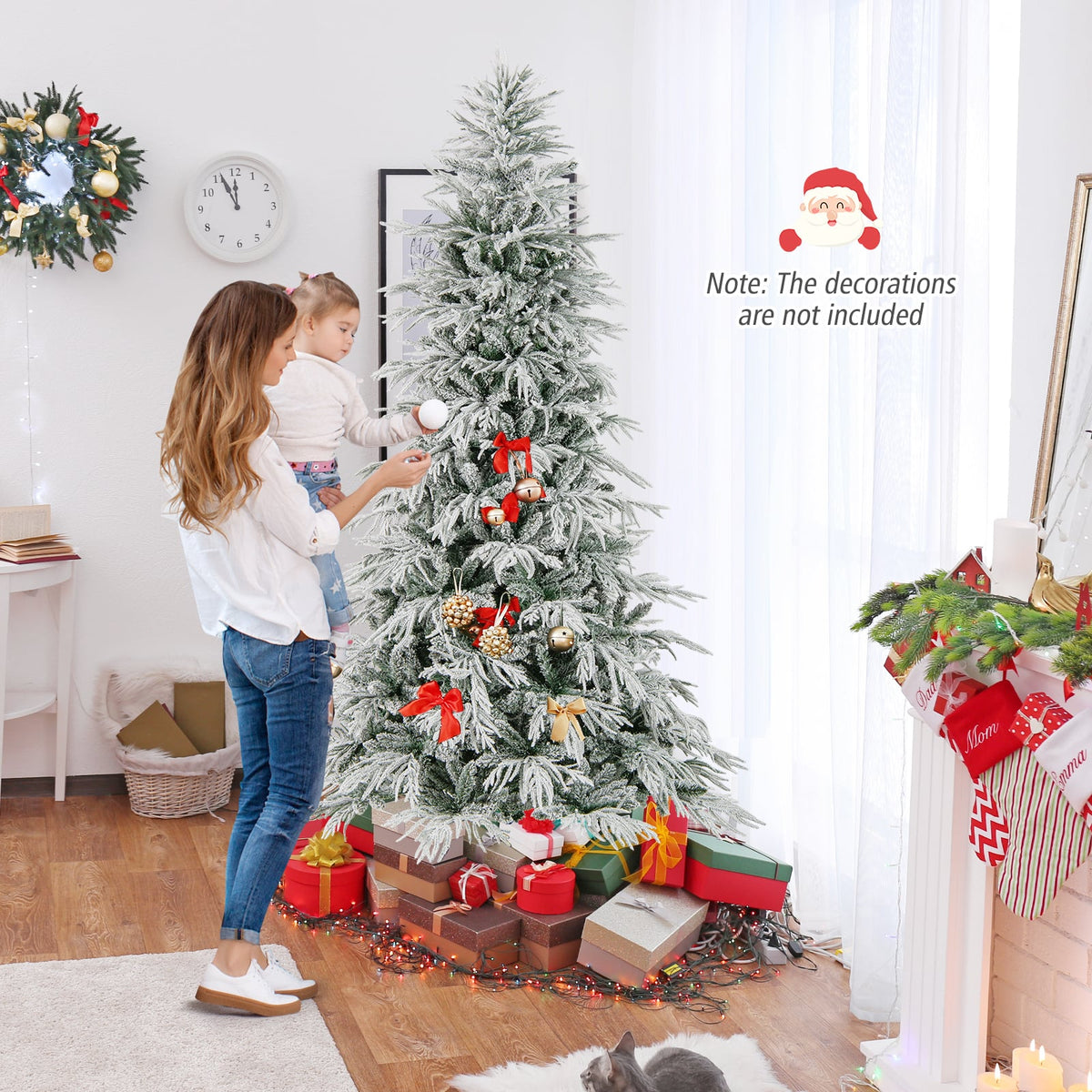 8 Feet Snow-flocked Artificial Christmas Tree Pre-lit Hinged Xmas Tree with Warm White LED Lights-Christmas Trees-DECOROLALA