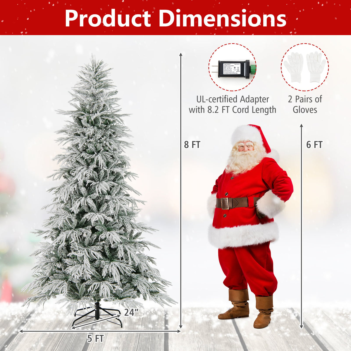 8 Feet Snow-flocked Artificial Christmas Tree Pre-lit Hinged Xmas Tree with Warm White LED Lights-Christmas Trees-DECOROLALA