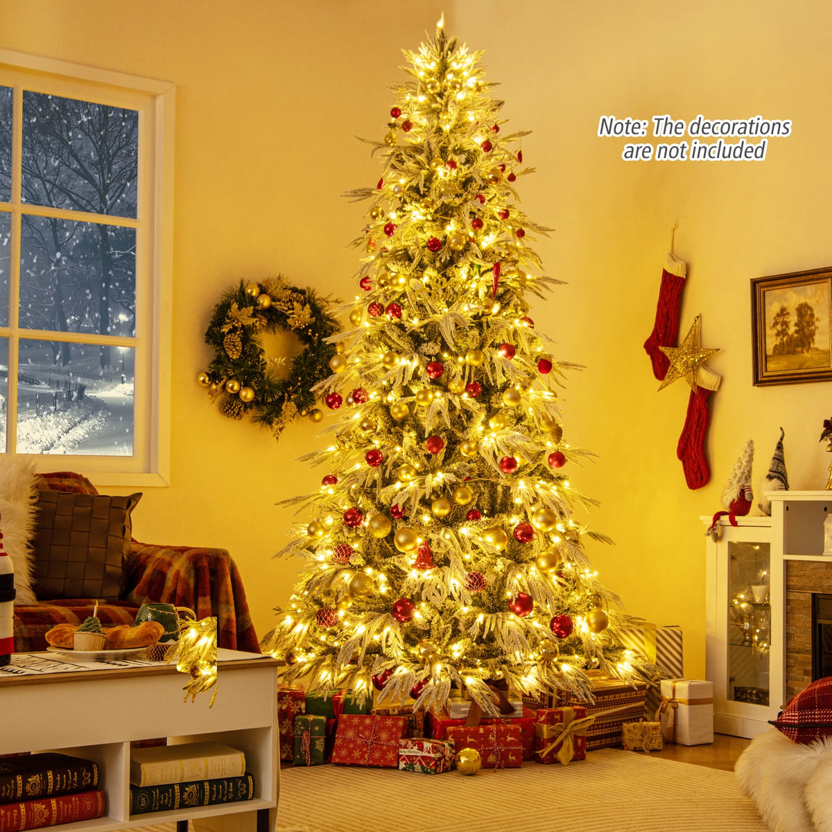 8 Feet Snow-flocked Artificial Christmas Tree Pre-lit Hinged Xmas Tree with Warm White LED Lights-Christmas Trees-DECOROLALA