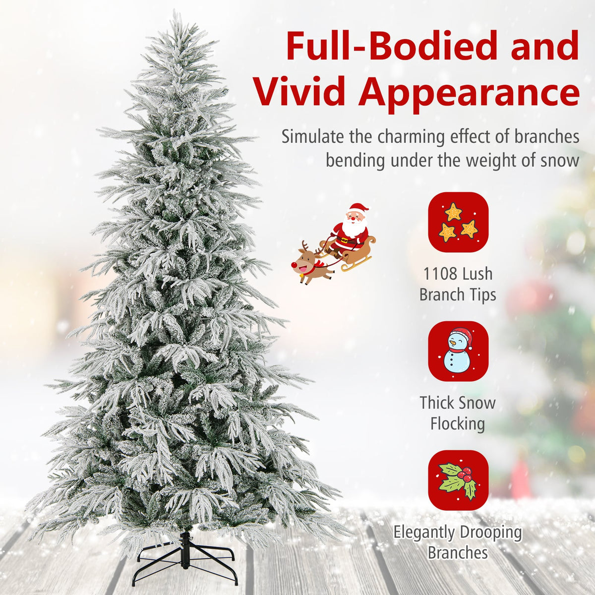 8 Feet Snow-flocked Artificial Christmas Tree Pre-lit Hinged Xmas Tree with Warm White LED Lights-Christmas Trees-DECOROLALA