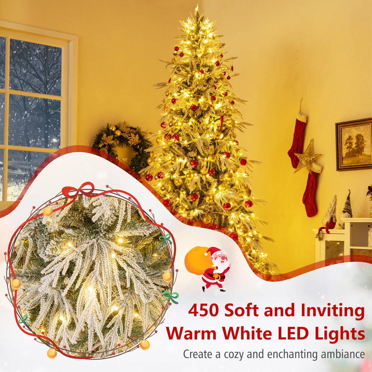 8 Feet Snow-flocked Artificial Christmas Tree Pre-lit Hinged Xmas Tree with Warm White LED Lights-Christmas Trees-DECOROLALA