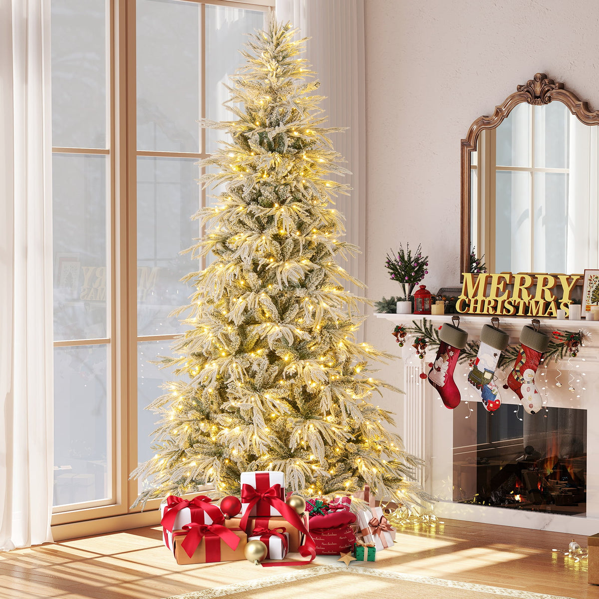 8 Feet Snow-flocked Artificial Christmas Tree Pre-lit Hinged Xmas Tree with Warm White LED Lights-Christmas Trees-DECOROLALA