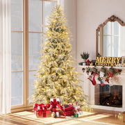 8 Feet Snow-flocked Artificial Christmas Tree Pre-lit Hinged Xmas Tree with Warm White LED Lights-Christmas Trees-DECOROLALA