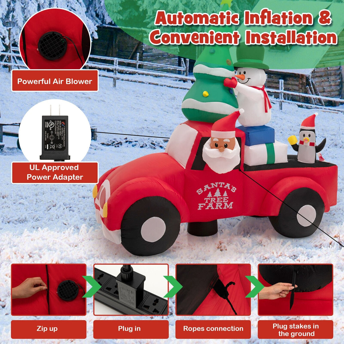 8 Feet Wide Inflatable Santa Claus Driving a Car with LED and Air Blower-Christmas Inflatables-DECOROLALA