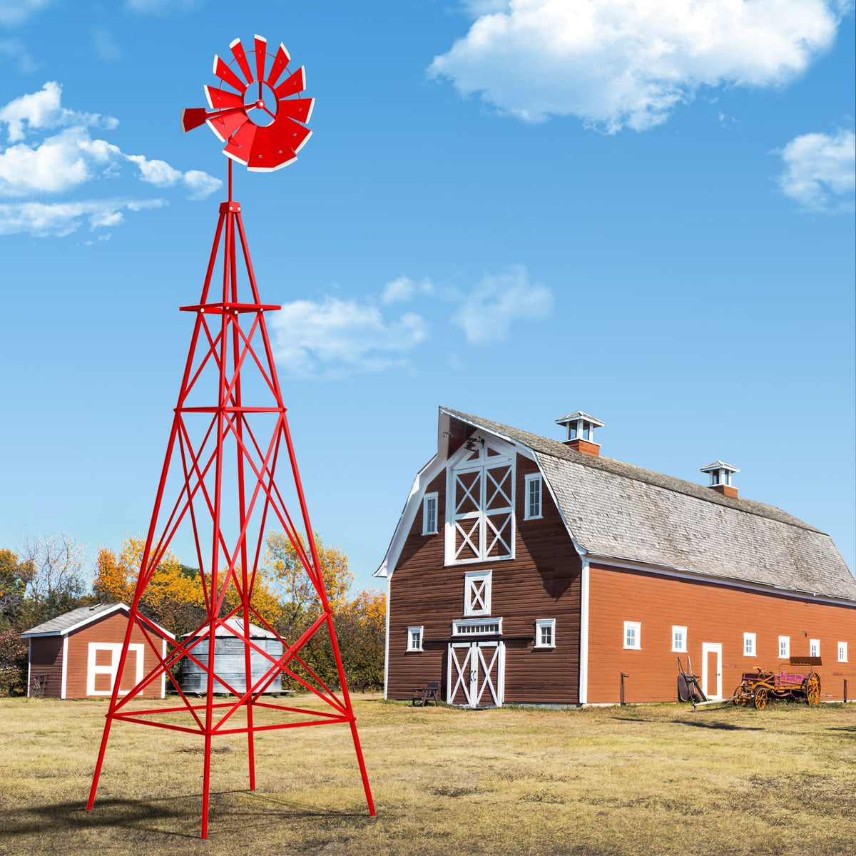 8 Feet Windmill Metal Ornamental Wind Wheel Weather Resistant-Red-Outdoor Decor-DECOROLALA