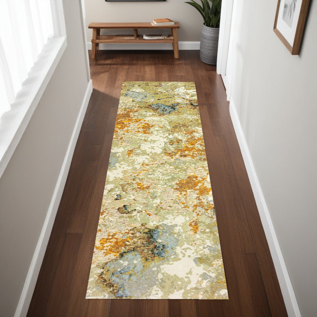 8' Gold And Ivory Runner Rug-Area Rugs-DECOROLALA