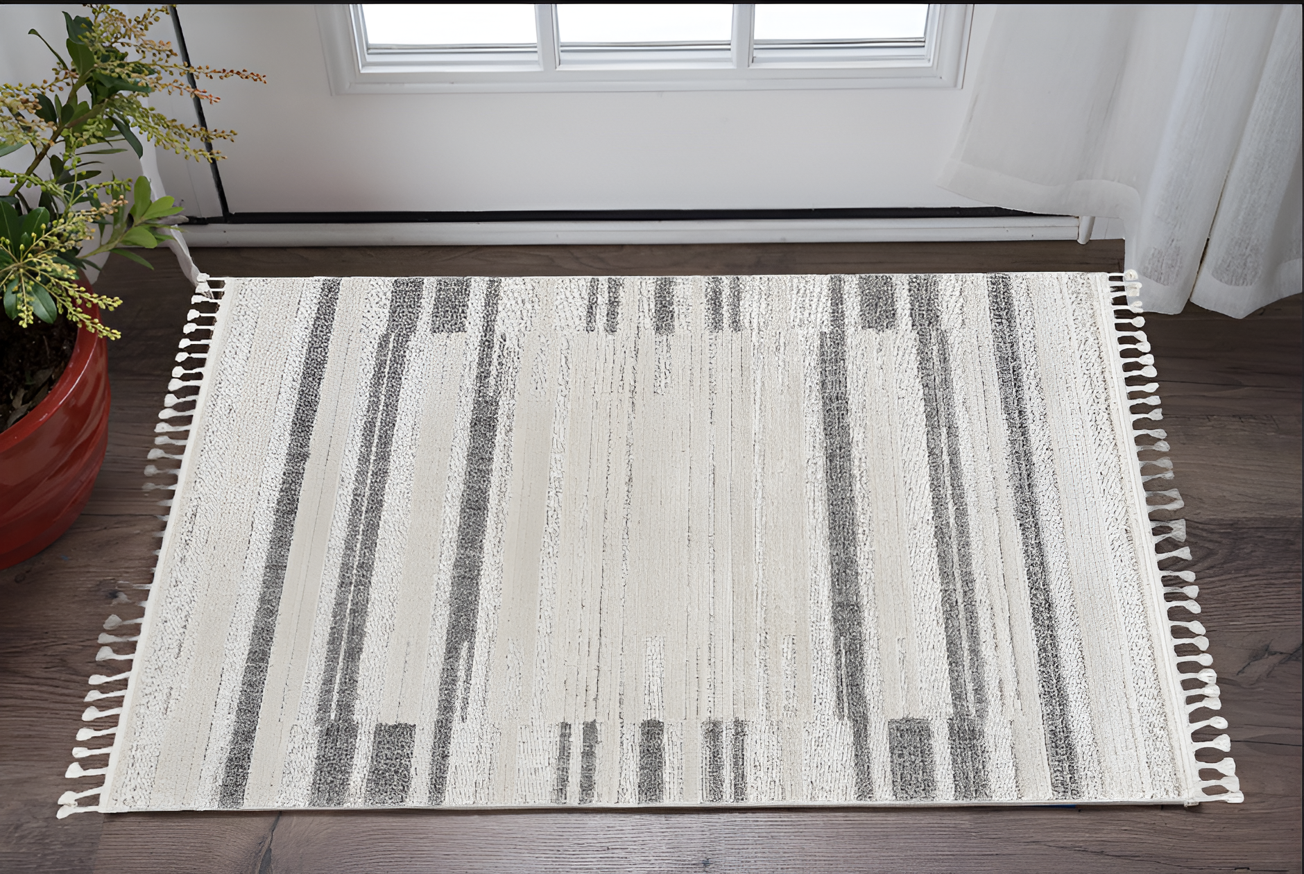 8' Gray And Ivory Abstract Runner Rug-Area Rugs-DECOROLALA