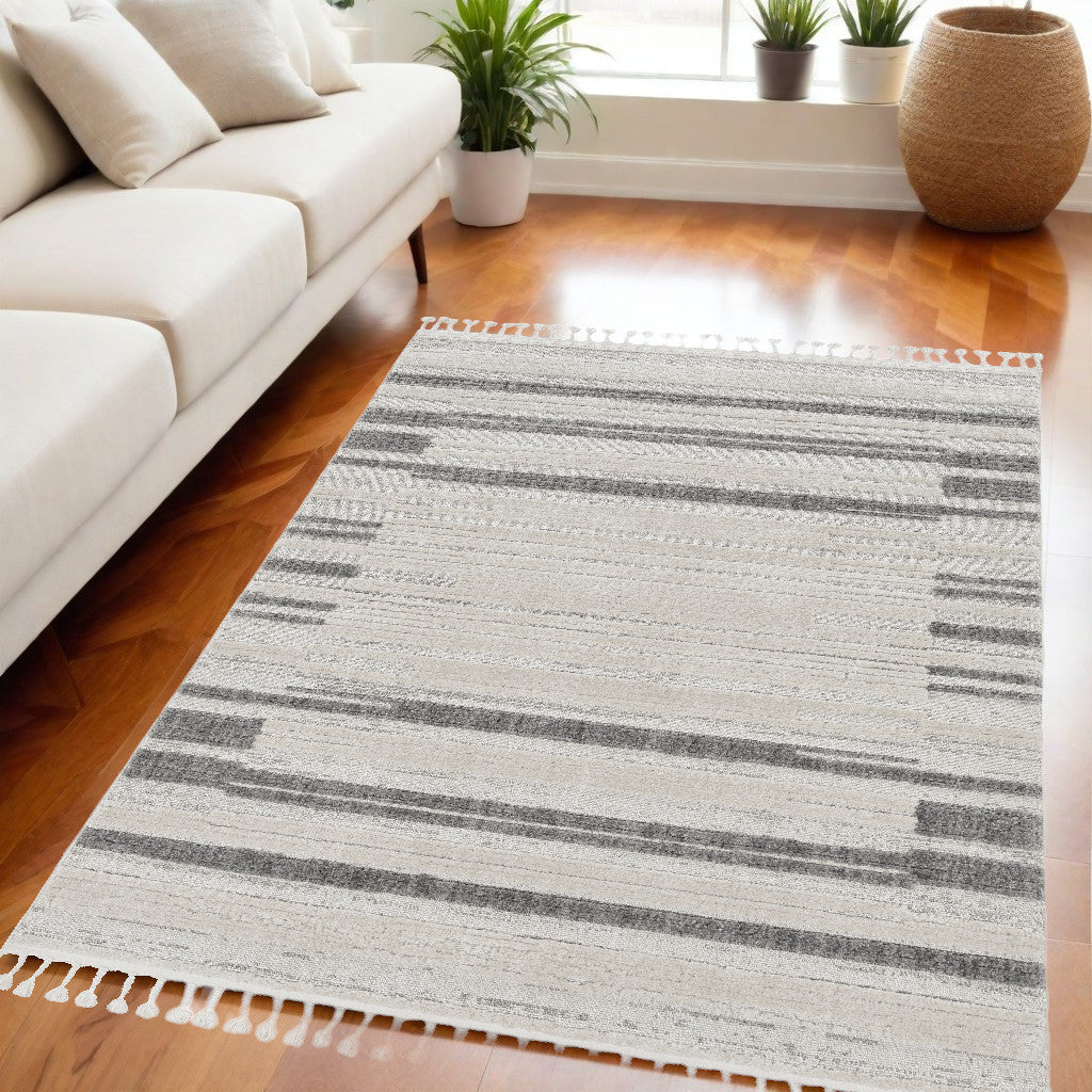 8' Gray And Ivory Abstract Runner Rug-Area Rugs-DECOROLALA