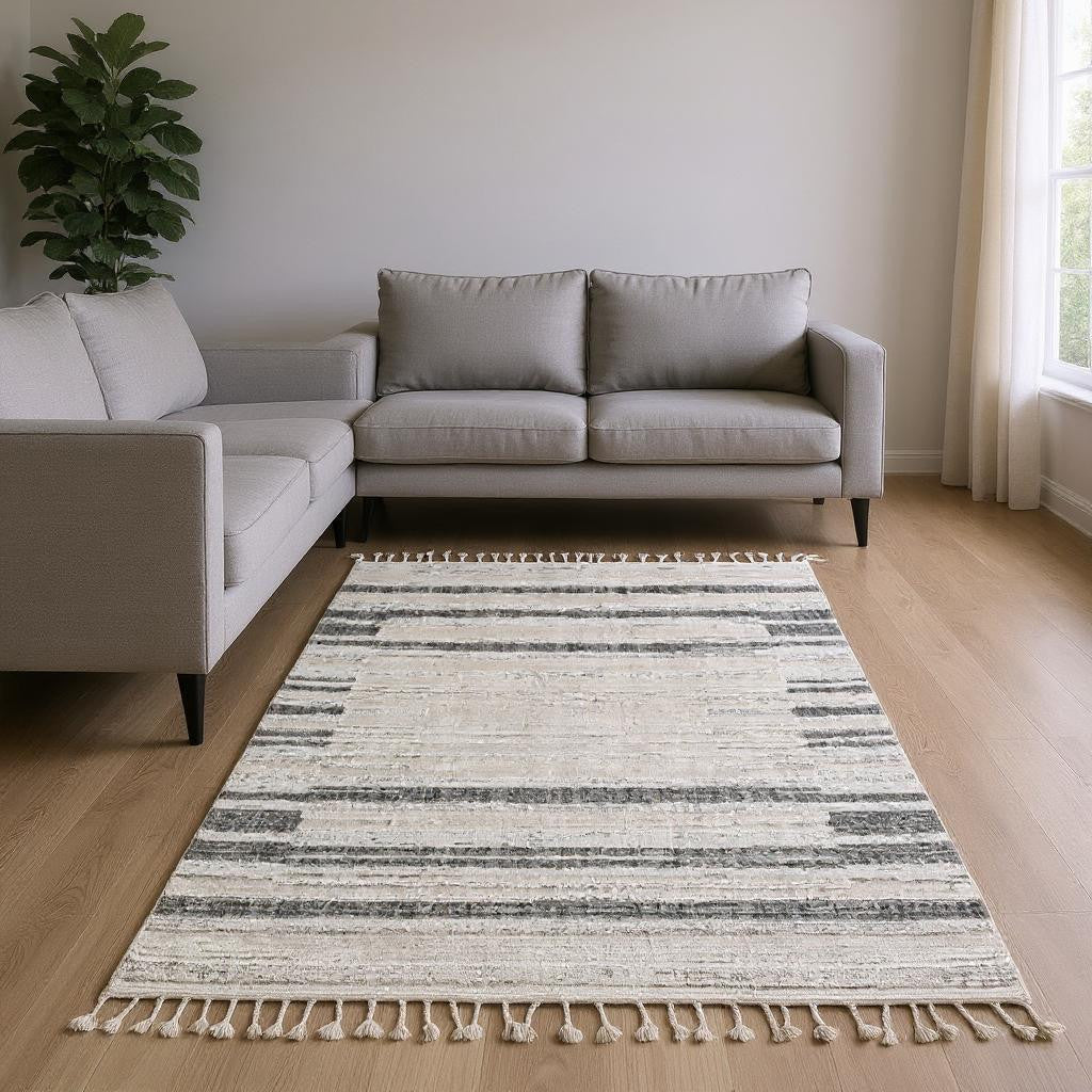 8' Gray And Ivory Abstract Runner Rug-Area Rugs-DECOROLALA