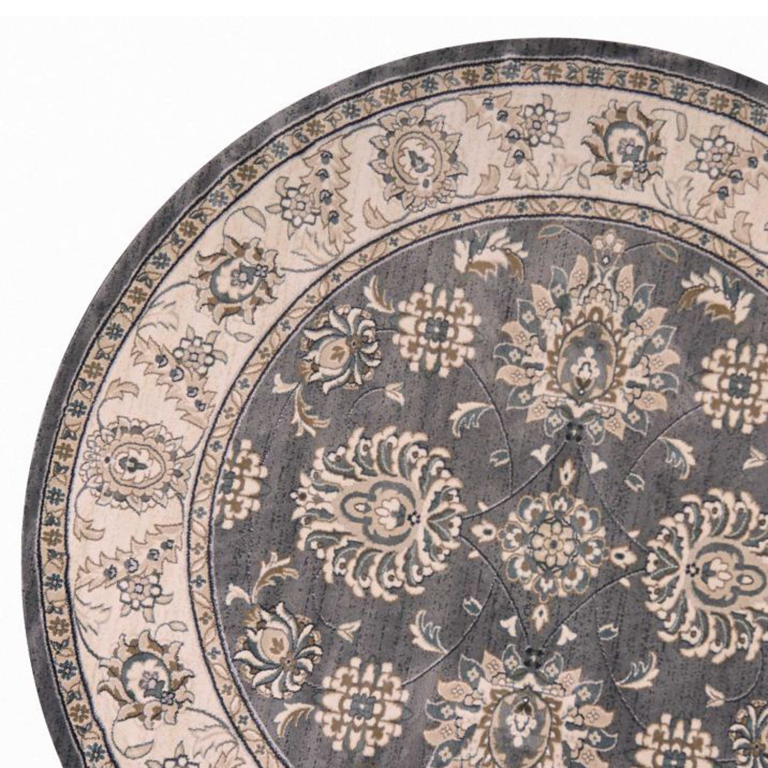 8' Gray And Ivory Floral Medallion Round Rug-Area Rugs-DECOROLALA