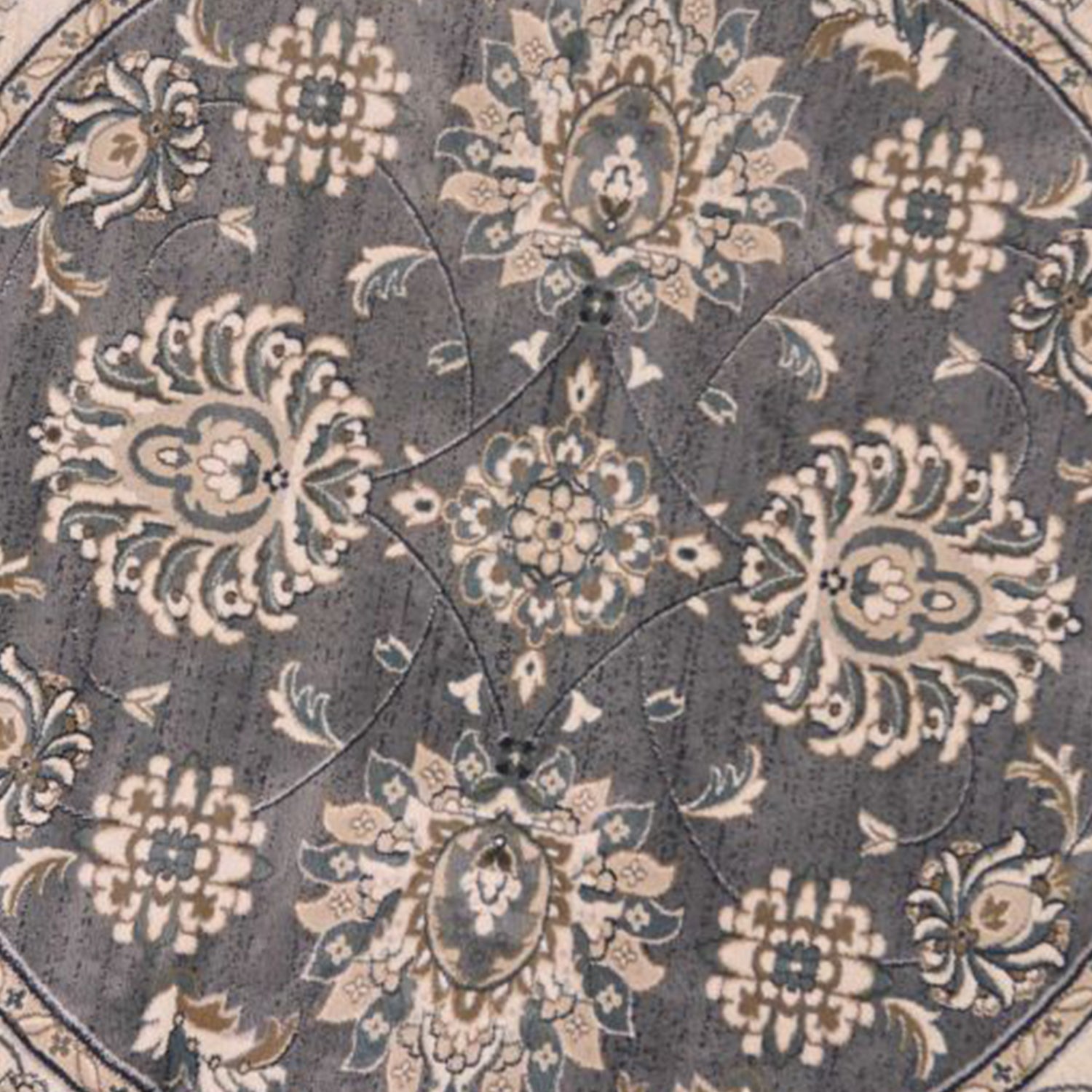 8' Gray And Ivory Floral Medallion Round Rug-Area Rugs-DECOROLALA