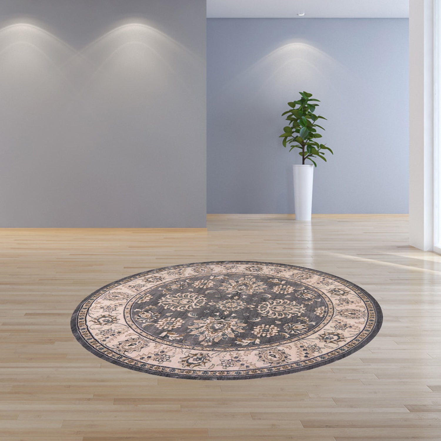 8' Gray And Ivory Floral Medallion Round Rug-Area Rugs-DECOROLALA