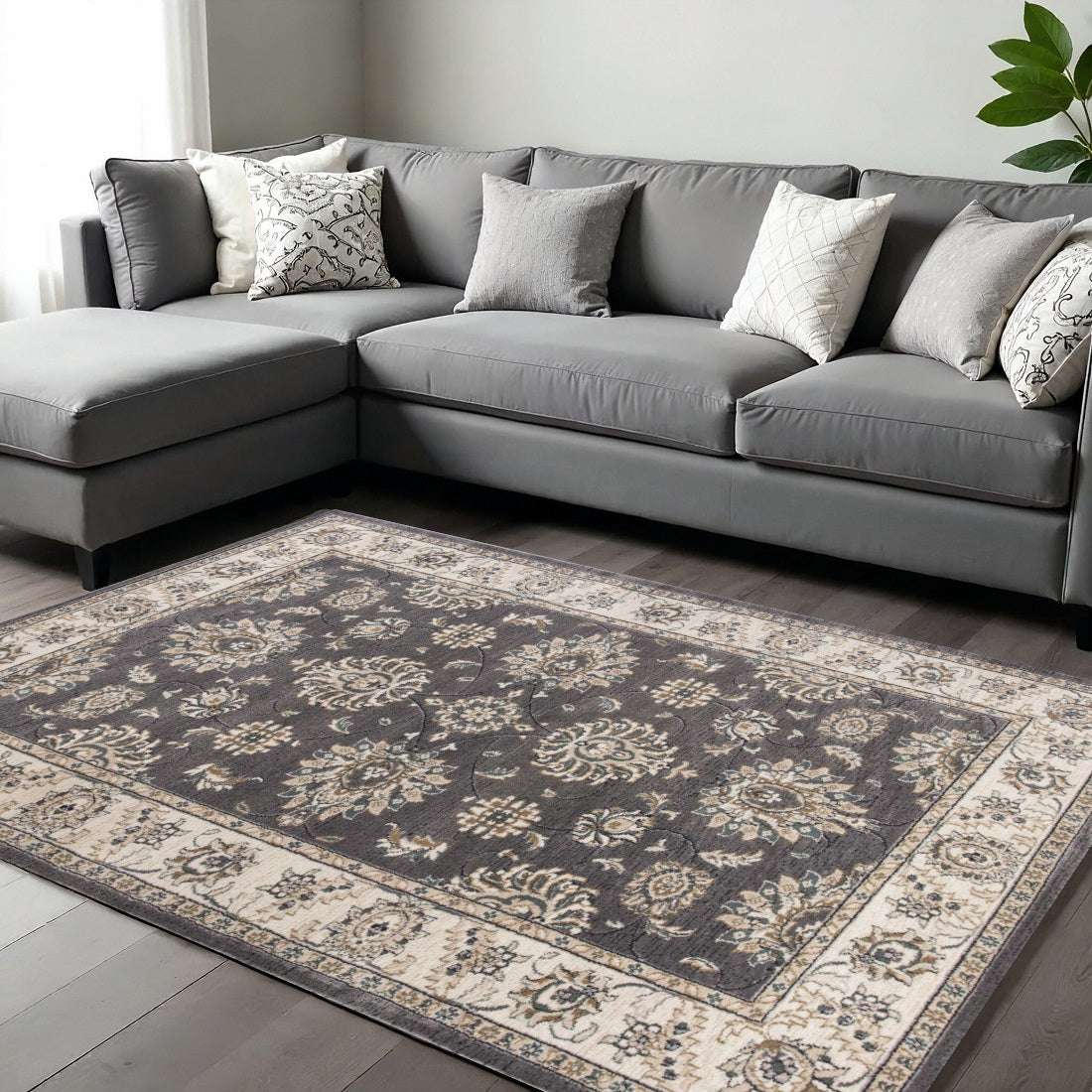 8' Gray And Ivory Floral Medallion Round Rug-Area Rugs-DECOROLALA