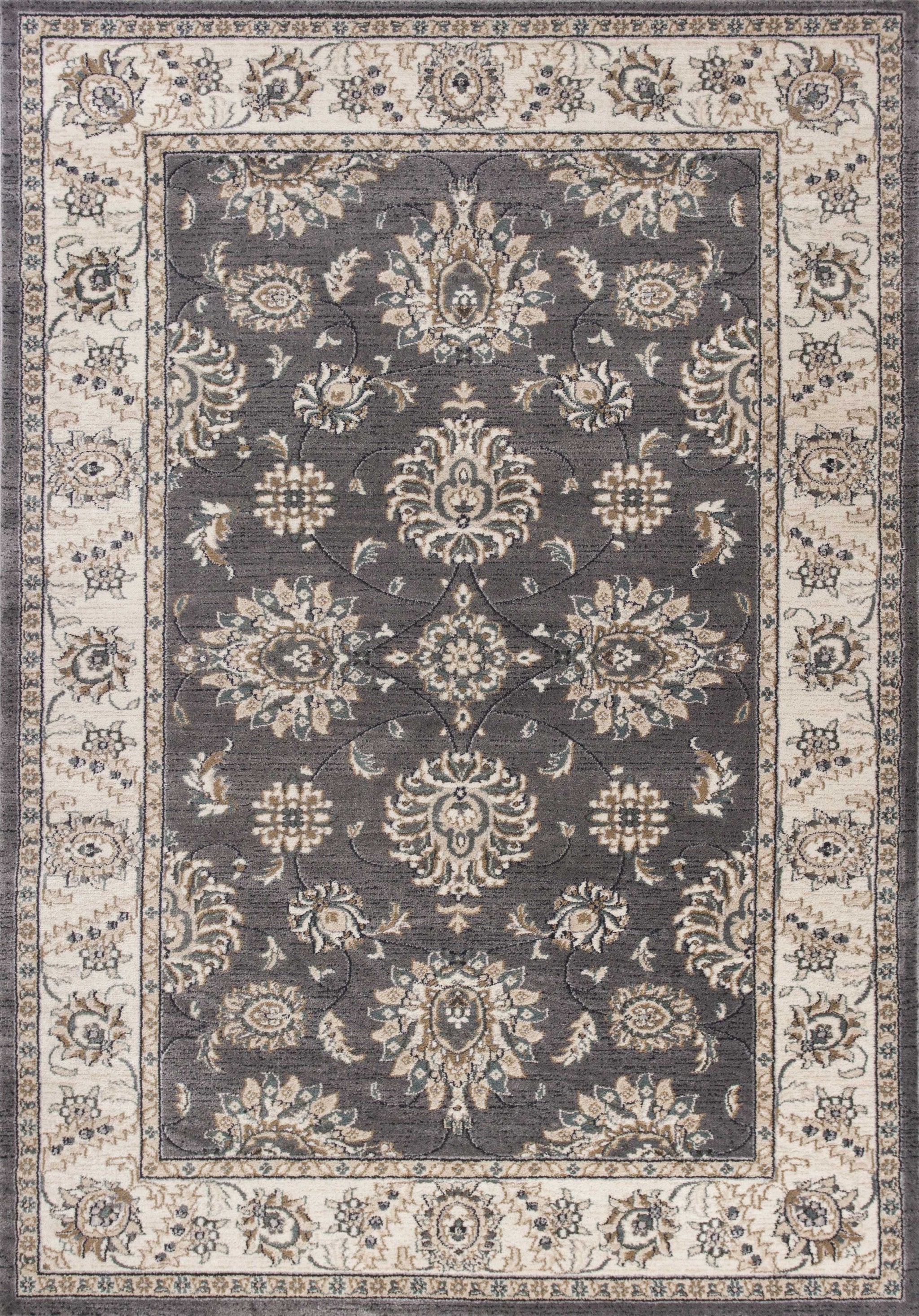 8' Gray And Ivory Floral Medallion Round Rug-Area Rugs-DECOROLALA