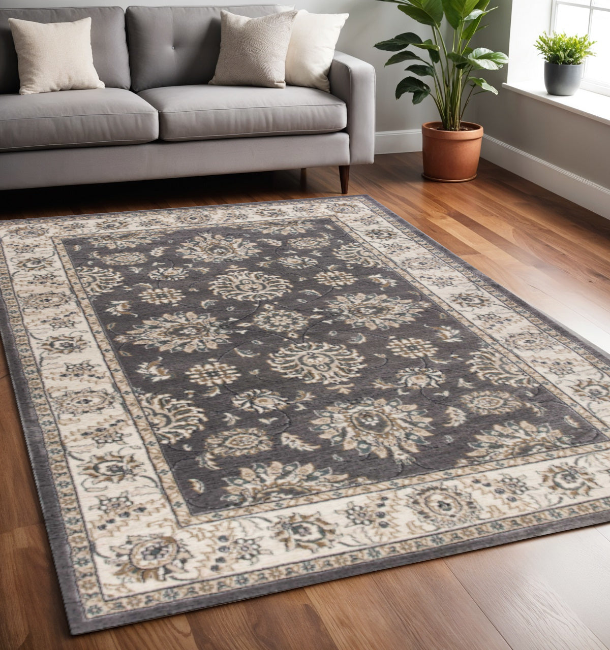 8' Gray And Ivory Floral Medallion Round Rug-Area Rugs-DECOROLALA