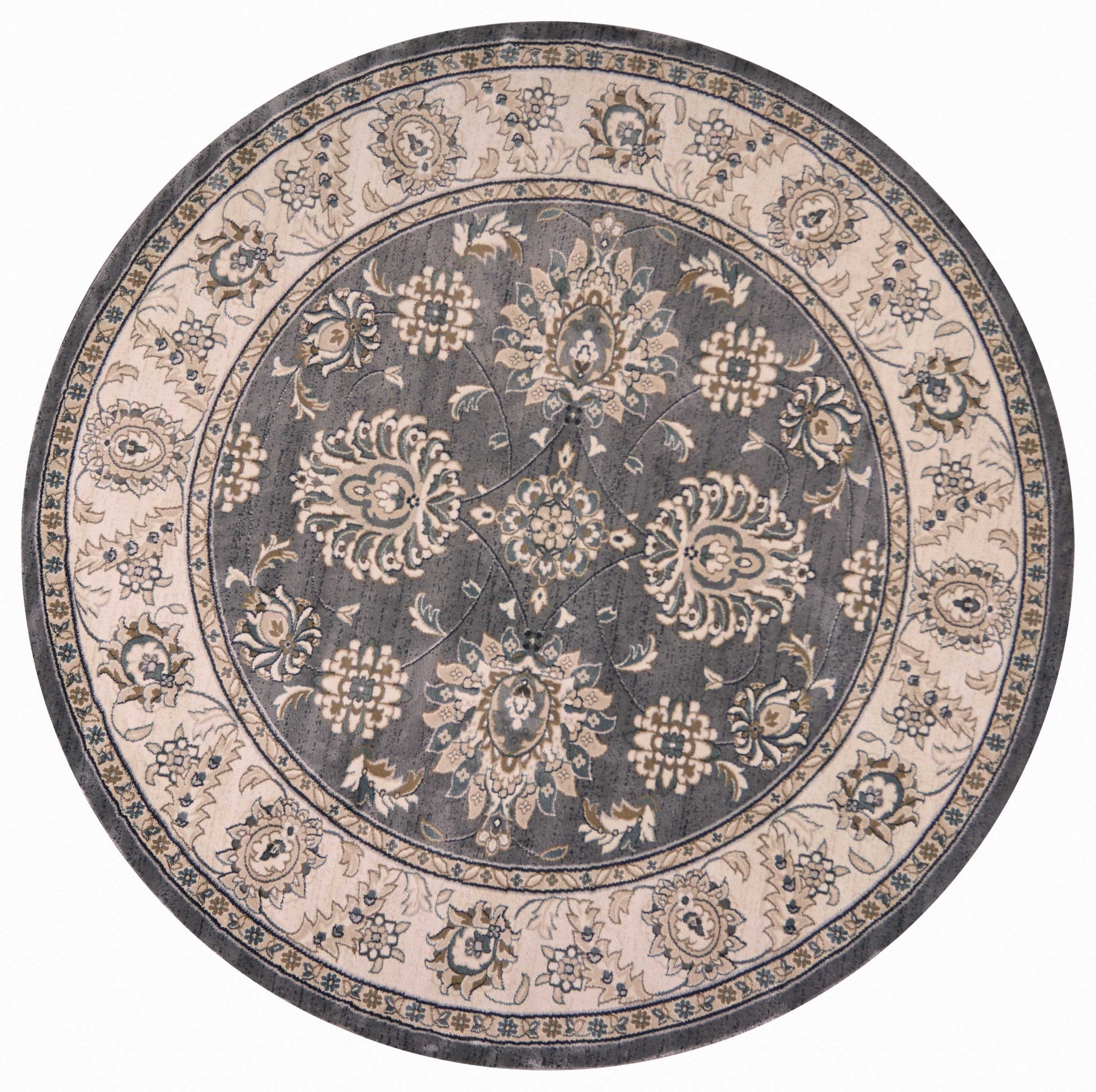 8' Gray And Ivory Floral Medallion Round Rug-Area Rugs-DECOROLALA