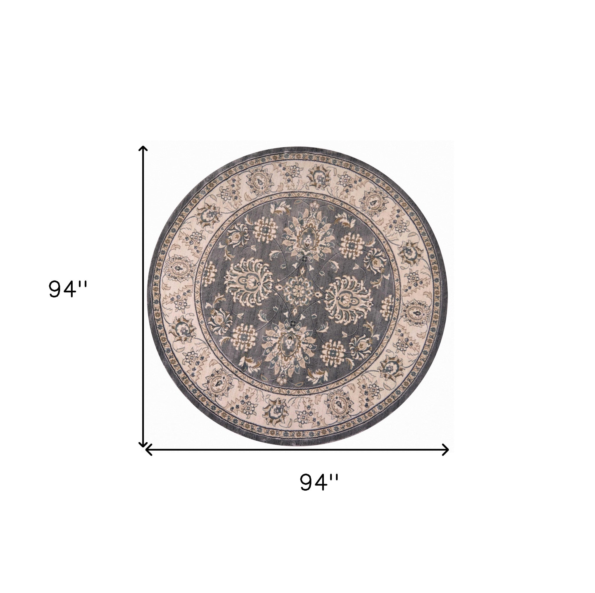 8' Gray And Ivory Floral Medallion Round Rug-Area Rugs-DECOROLALA