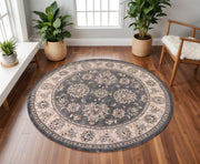 8' Gray And Ivory Floral Medallion Round Rug-Area Rugs-DECOROLALA