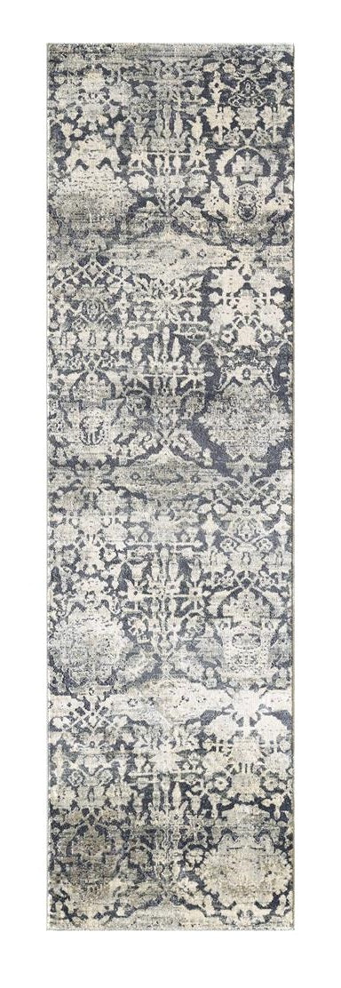8' Gray And Ivory Floral Medallion Runner Rug-Area Rugs-DECOROLALA