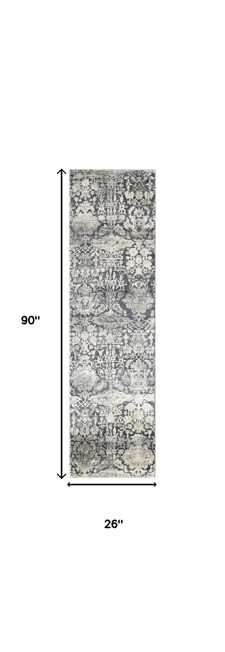 8' Gray And Ivory Floral Medallion Runner Rug-Area Rugs-DECOROLALA