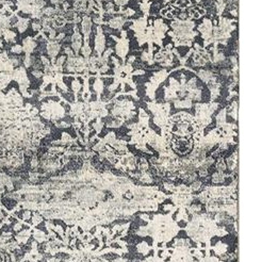 8' Gray And Ivory Floral Medallion Runner Rug-Area Rugs-DECOROLALA