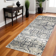 8' Gray And Ivory Floral Medallion Runner Rug-Area Rugs-DECOROLALA