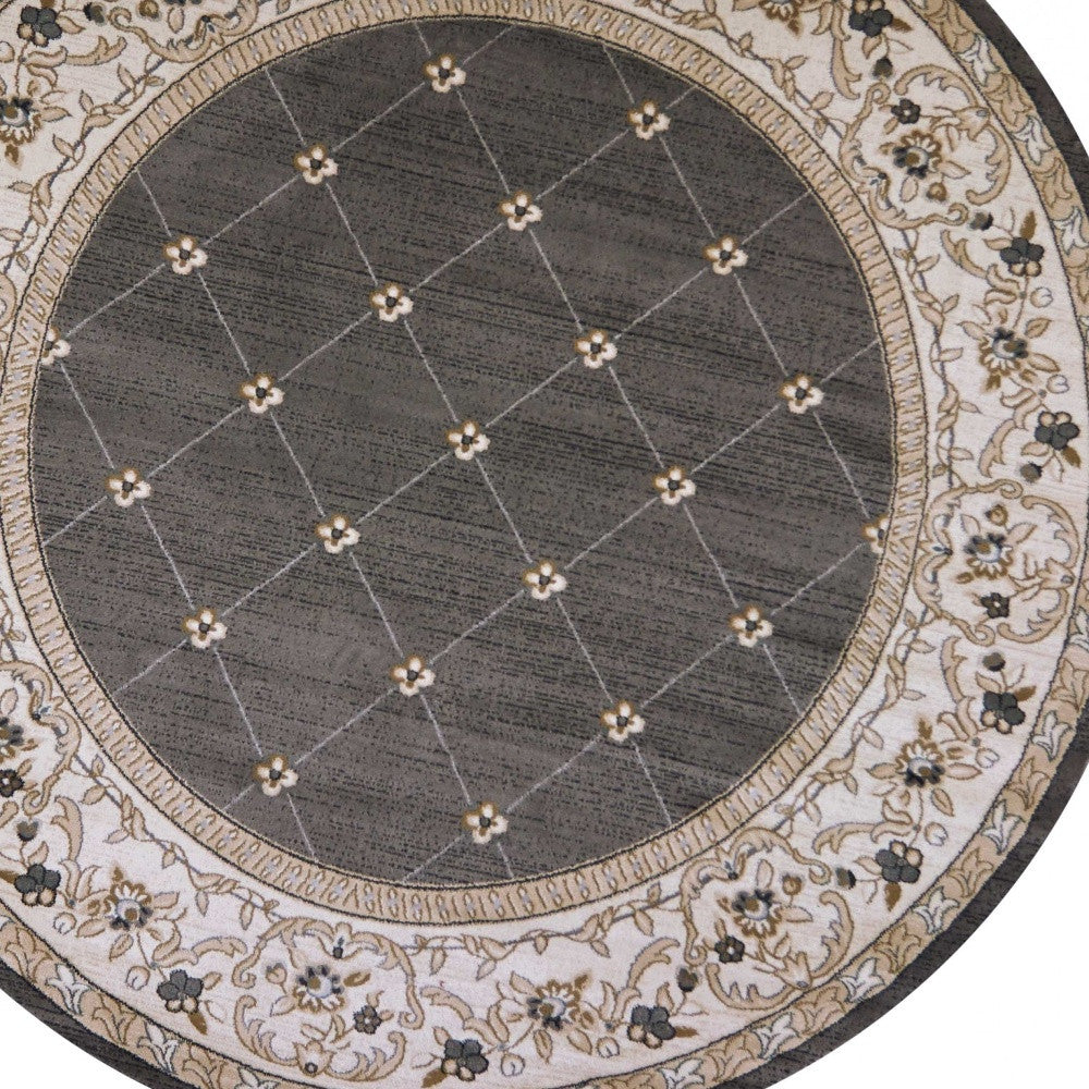 8' Gray And Ivory Floral Round Rug-Area Rugs-DECOROLALA