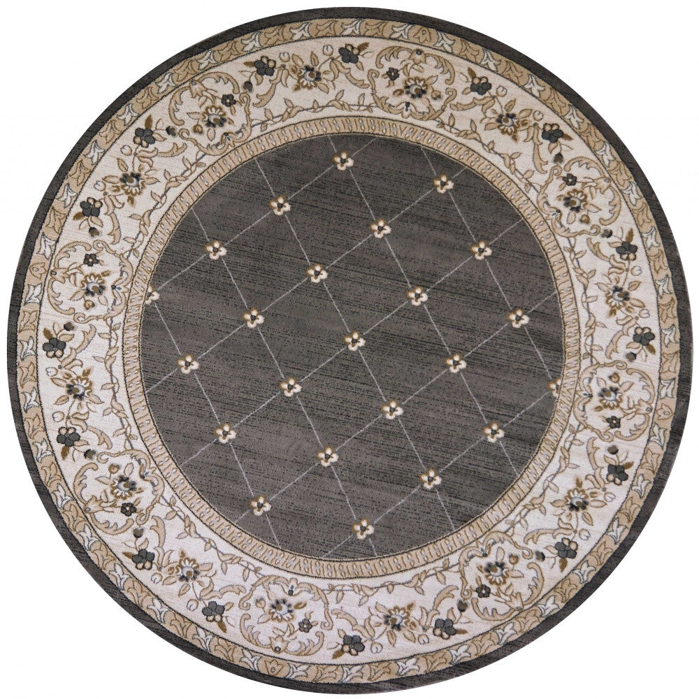8' Gray And Ivory Floral Round Rug-Area Rugs-DECOROLALA