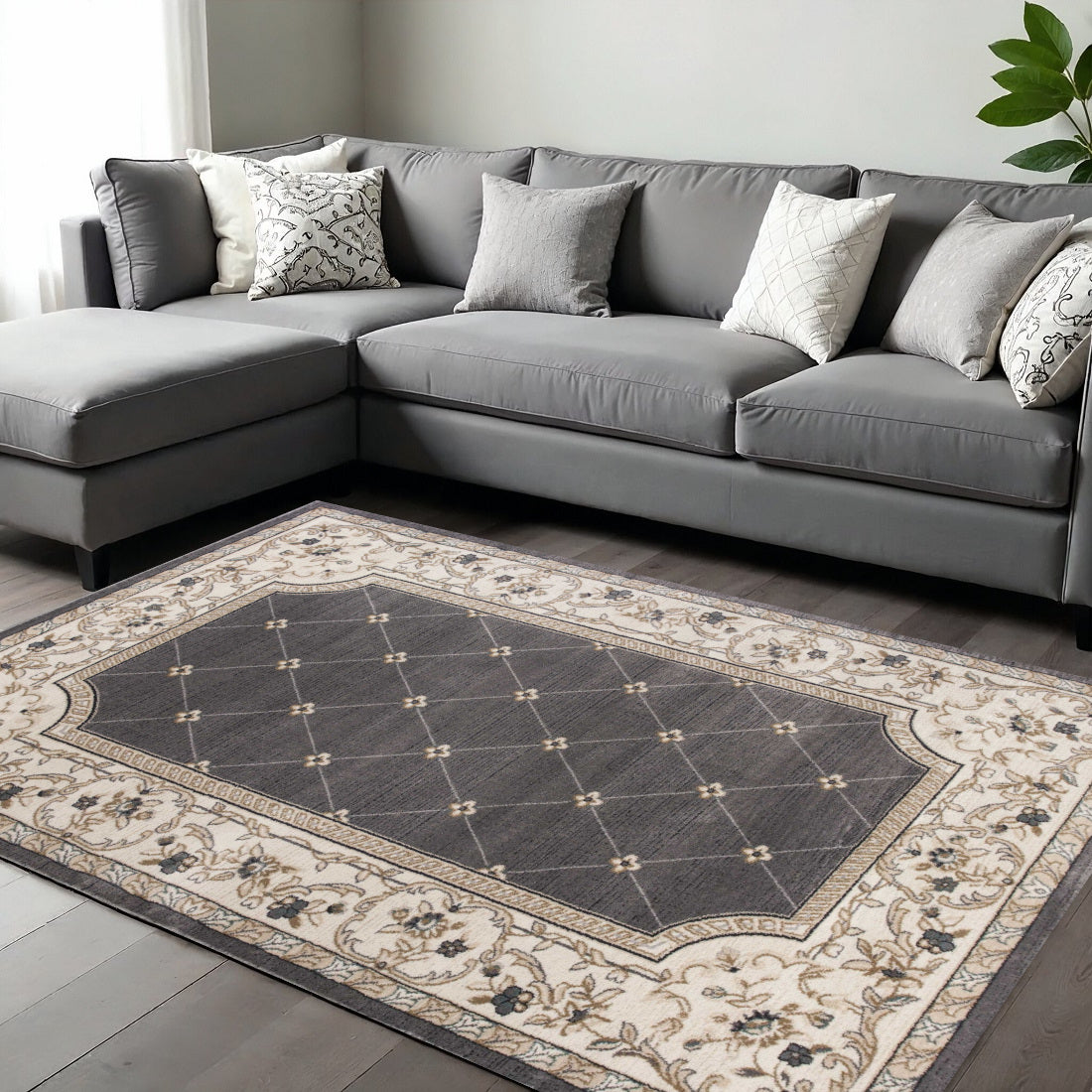 8' Gray And Ivory Floral Round Rug-Area Rugs-DECOROLALA