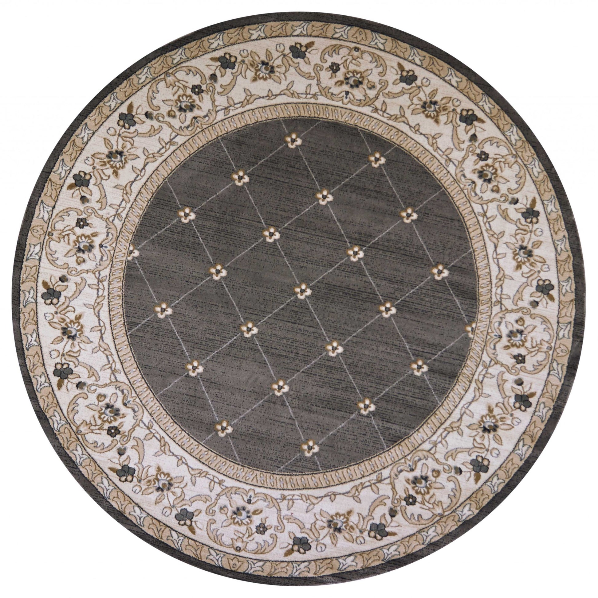 8' Gray And Ivory Floral Round Rug-Area Rugs-DECOROLALA