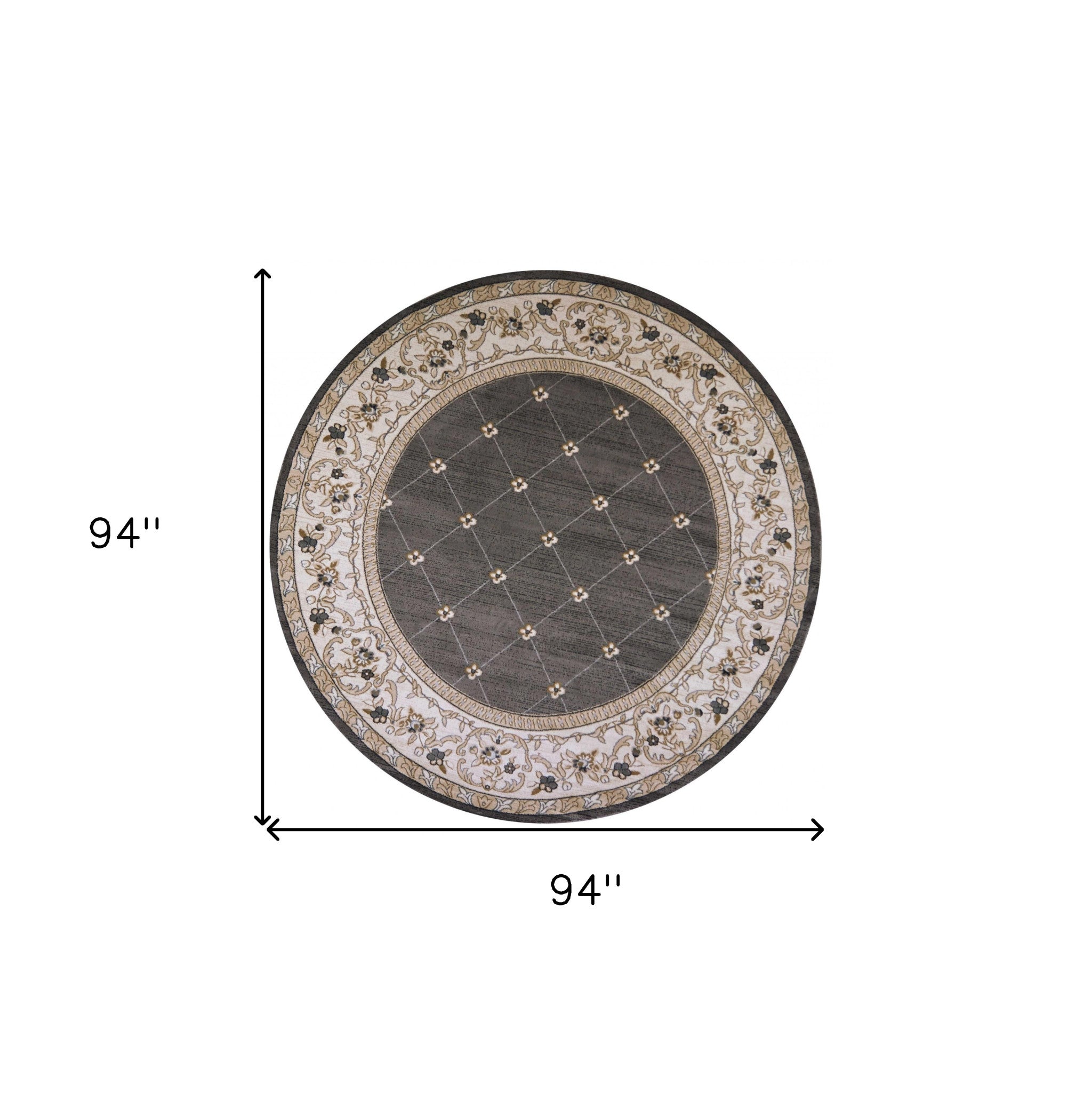 8' Gray And Ivory Floral Round Rug-Area Rugs-DECOROLALA
