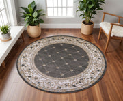8' Gray And Ivory Floral Round Rug-Area Rugs-DECOROLALA