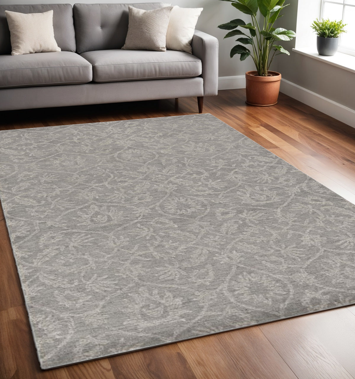 8' Gray And Light Gray Wool Floral Medallion Hand Tufted Runner Rug-Area Rugs-DECOROLALA