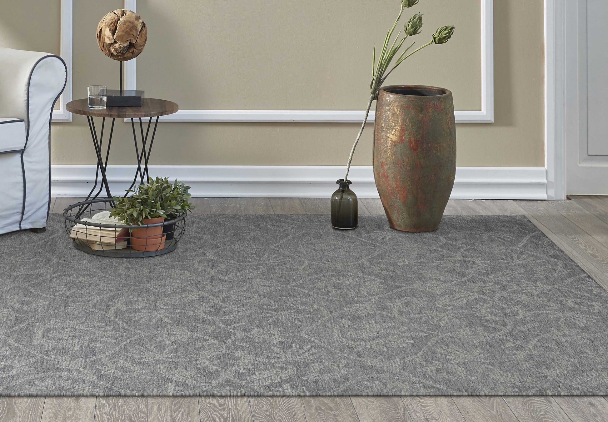 8' Gray And Light Gray Wool Floral Medallion Hand Tufted Runner Rug-Area Rugs-DECOROLALA